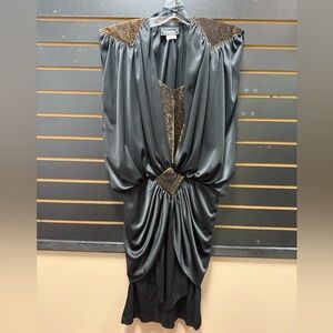 Vintage 80s Stash Black Metallic Shoulder Blouson Cocktail Dress 3/4 USA